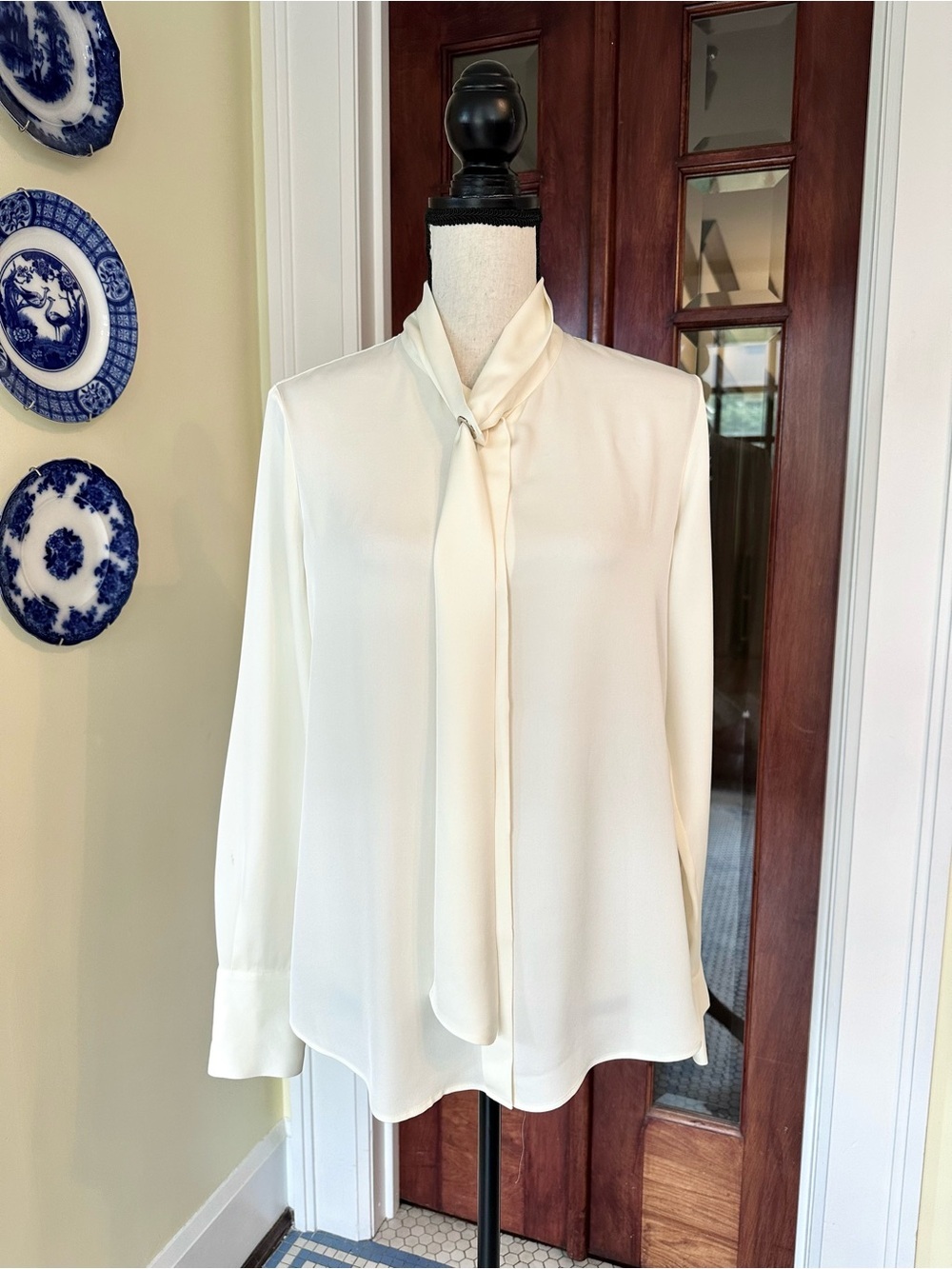 Jason Wu | Cream Silk Tie Neck Blouse Long Sleeve Ivory Shirt, Size 4